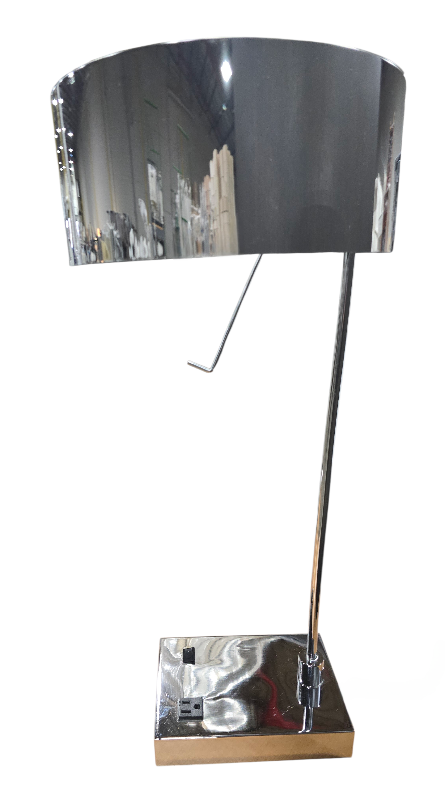 Side angle view of modern chrome table lamp