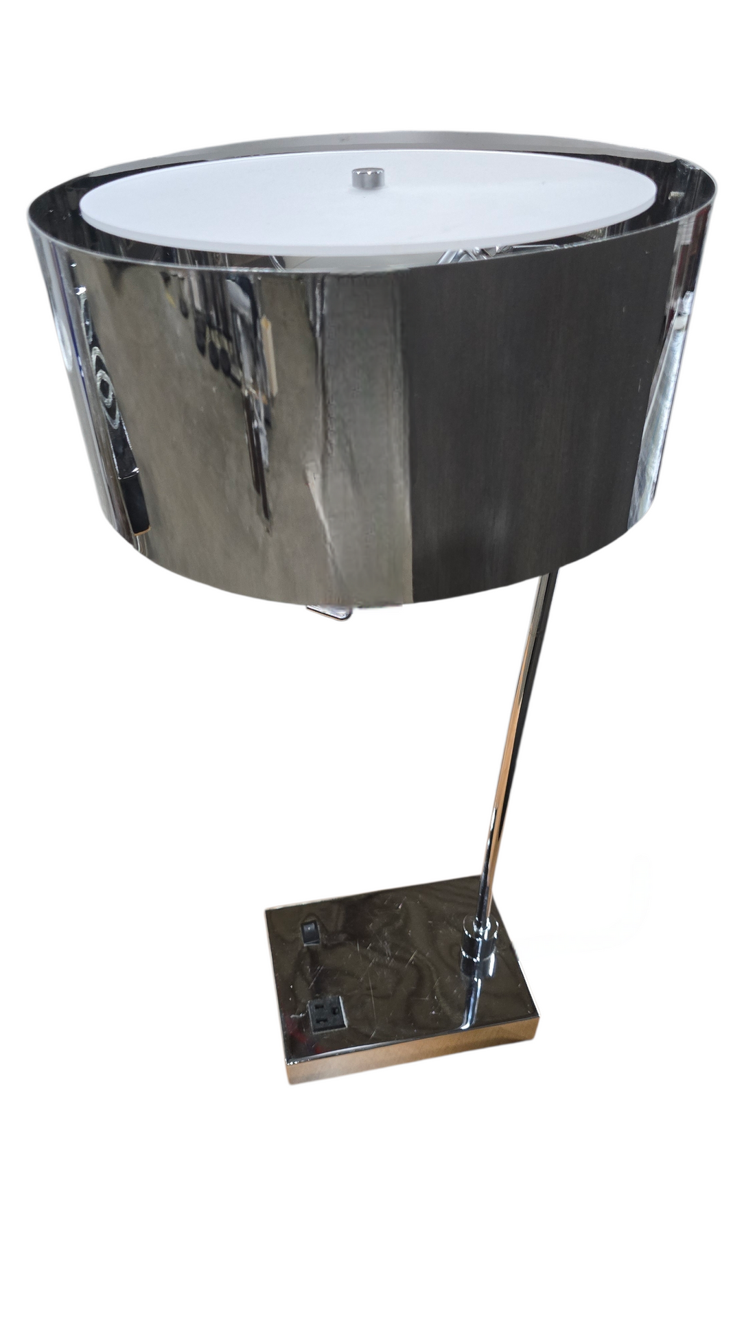 Chrome table lamp with power outlet and light diffuser, used and in good condition