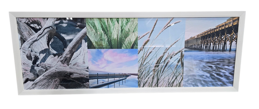 White framed coastal themed multi panel panoramic wall art measuring 48 x 17.5, used and in good condition