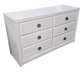 Side angle view of coastal style white wood dresser