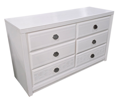 Side angle view of coastal style white wood dresser