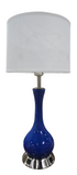 Front view of cobalt blue table lamp with chrome base