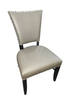 Contemporary dining chair with patterned fabric back and neutral vinyl seat