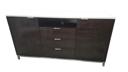 SHL front view of dark brown 3 drawer dresser with cabinets and white granite top, used and good condition