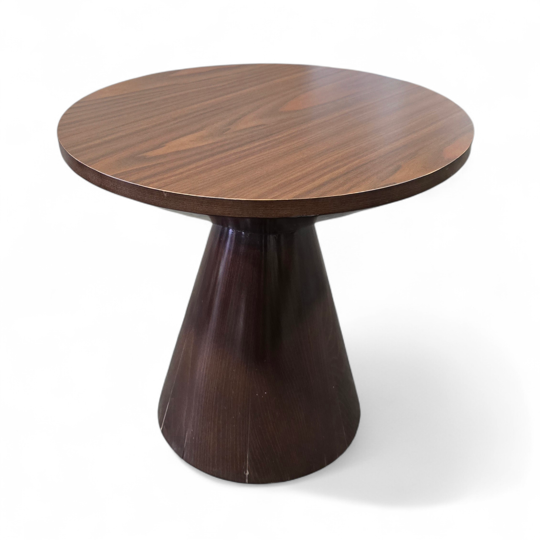 SHL front view of dark brown mushroom-style side table, used and in good condition