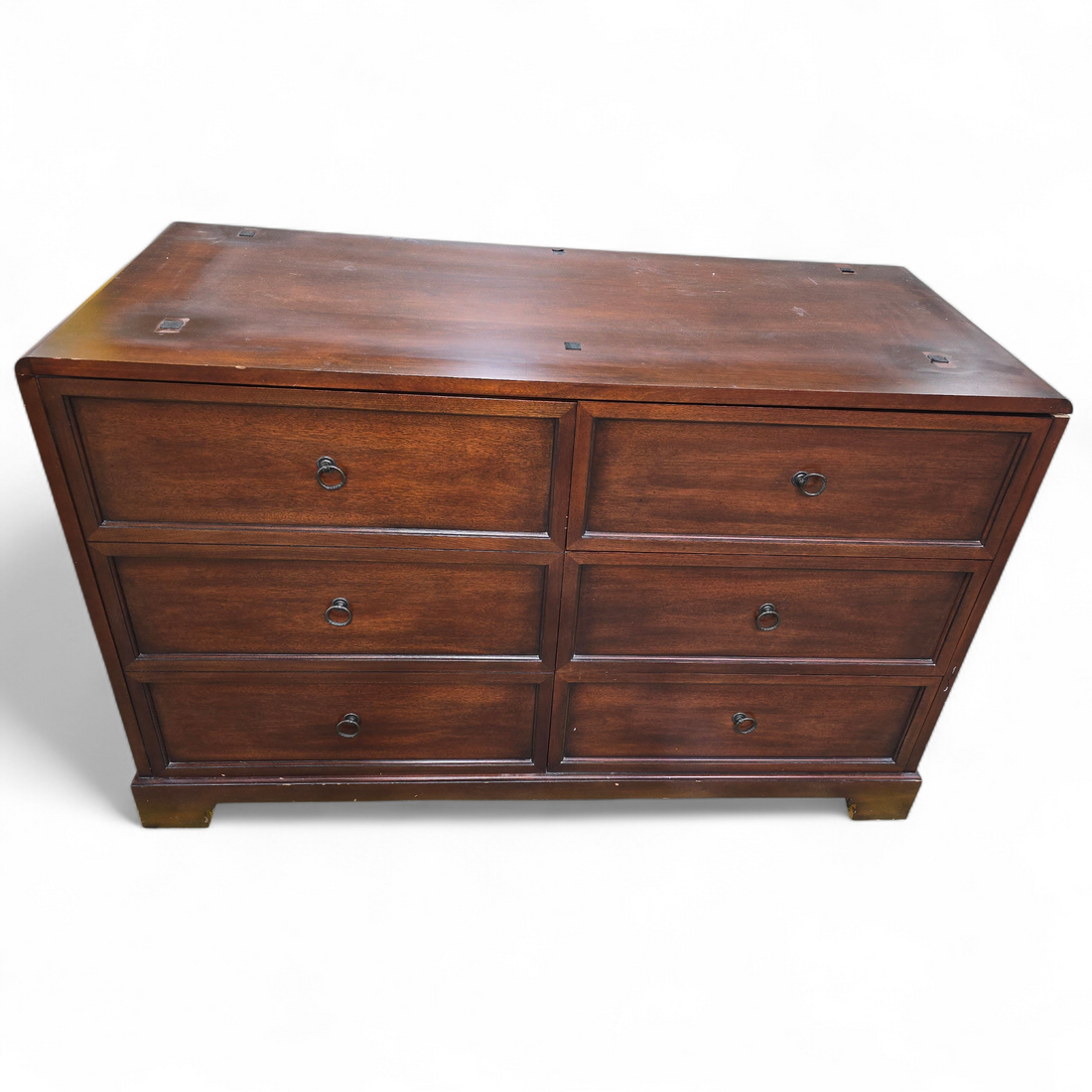 SHL angled view of Decca brand dresser with three drawers and cabinet compartment, used and in good condition