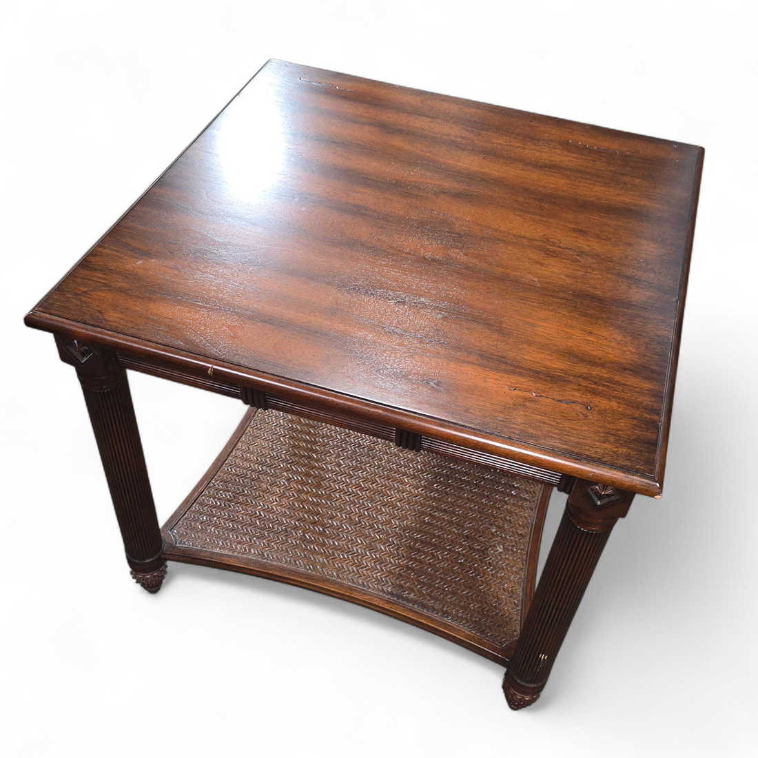 SHL angled view of Decca brand wood side table, used and in good condition