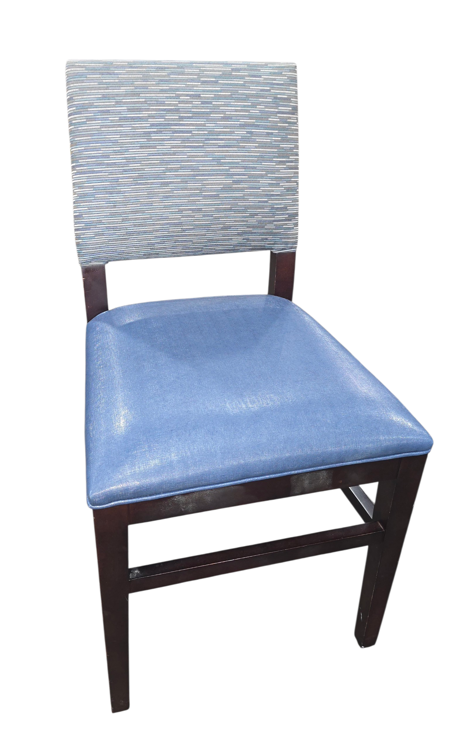 Dining chair with blue vinyl seat and patterned back used in good condition