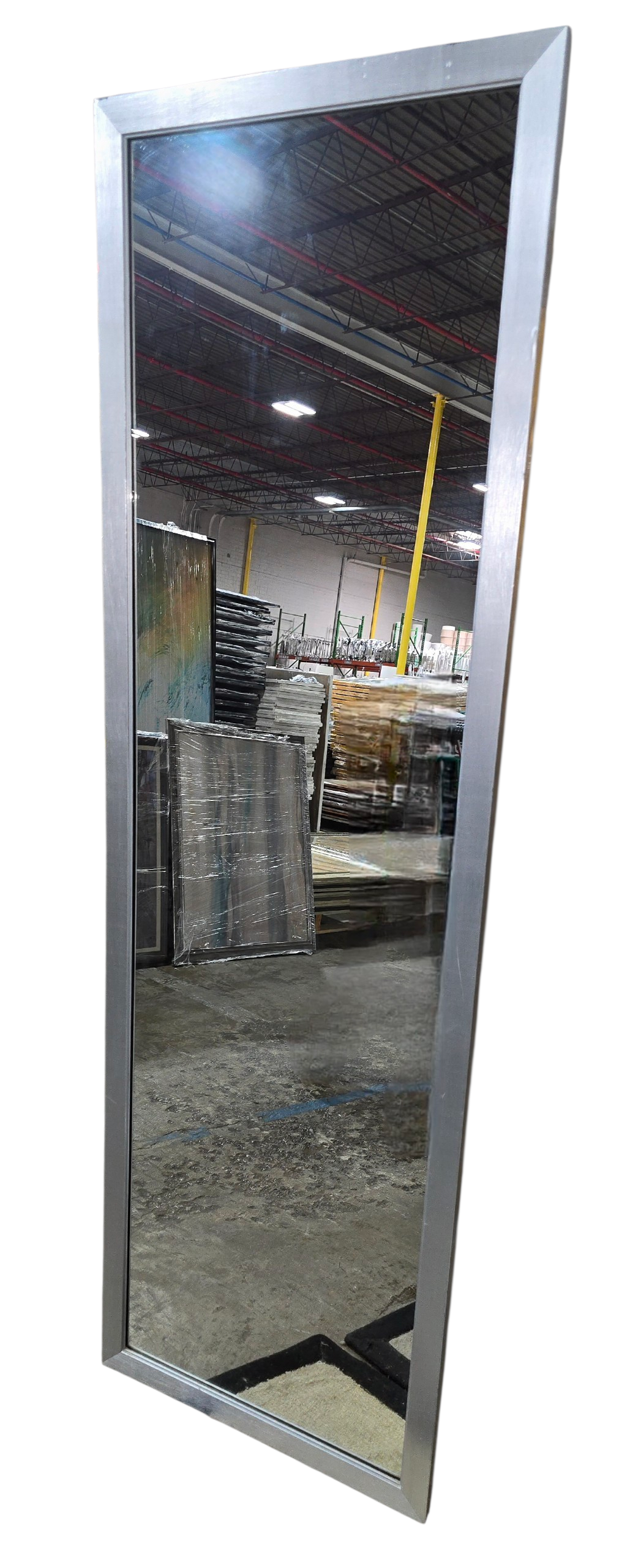 Angled view of dressing mirror with metallic silver finish