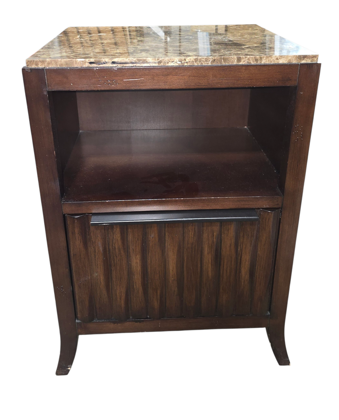 Granite top nightstand with ribbed drawer front and open shelf measuring 20 x 18 x 28, used and in good condition