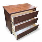 SHL close-up of drawer details on JTB brand 3 drawer dresser, used and in good condition