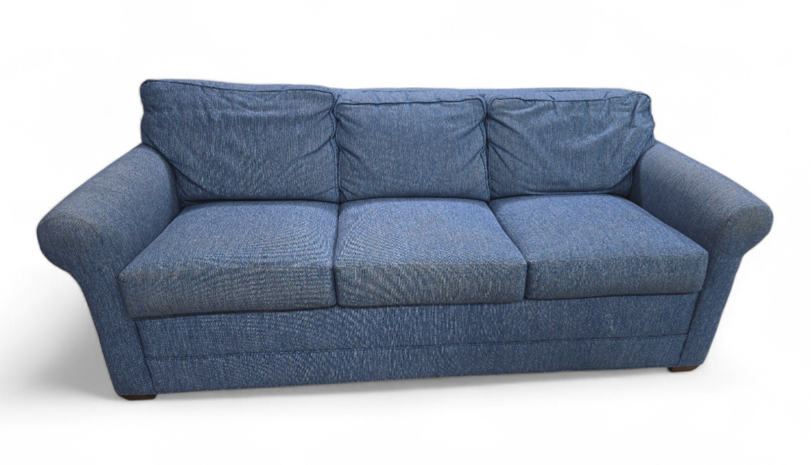 SHL front view of Kellex brand blue queen sleeper sofa, used and in good condition