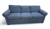 SHL front view of Kellex brand blue queen sleeper sofa, used and in good condition
