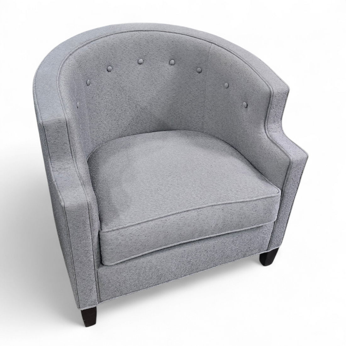 SHL front view of Kellex brand gray barrel chair, used and in good condition