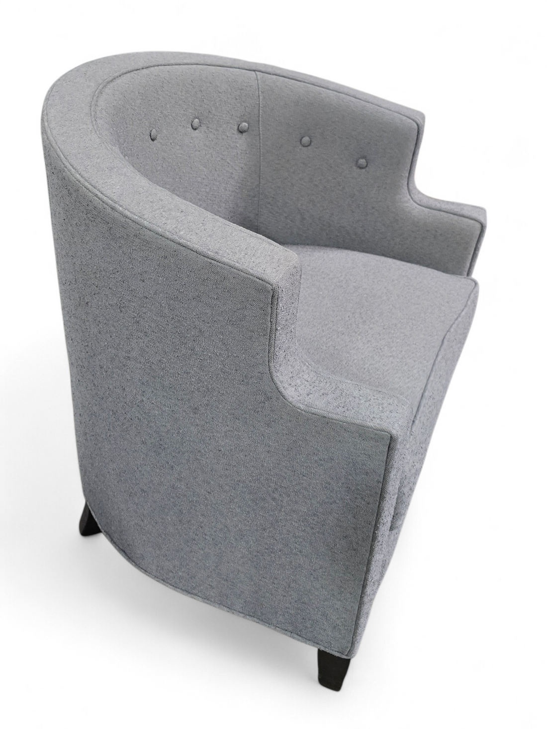 SHL side view of Kellex gray barrel chair showing curved barrel design, used and in good condition