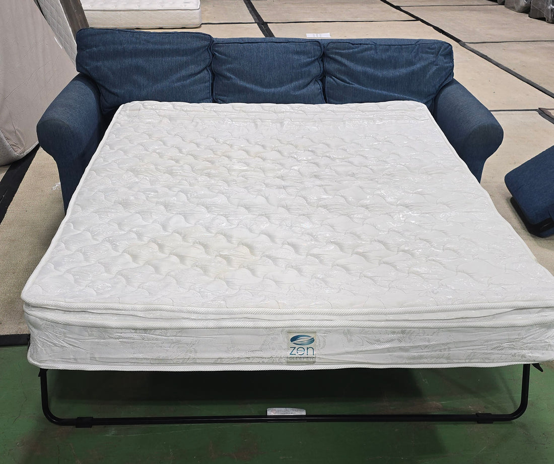 SHL open bed view of Kellex queen sleeper sofa with Zen sleeper mattress