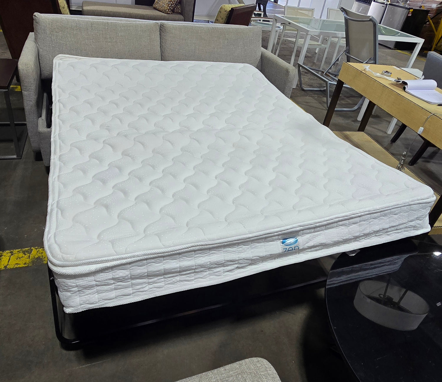 SHL open bed view of Kellex queen sleeper sofa with Zen pillow top mattress