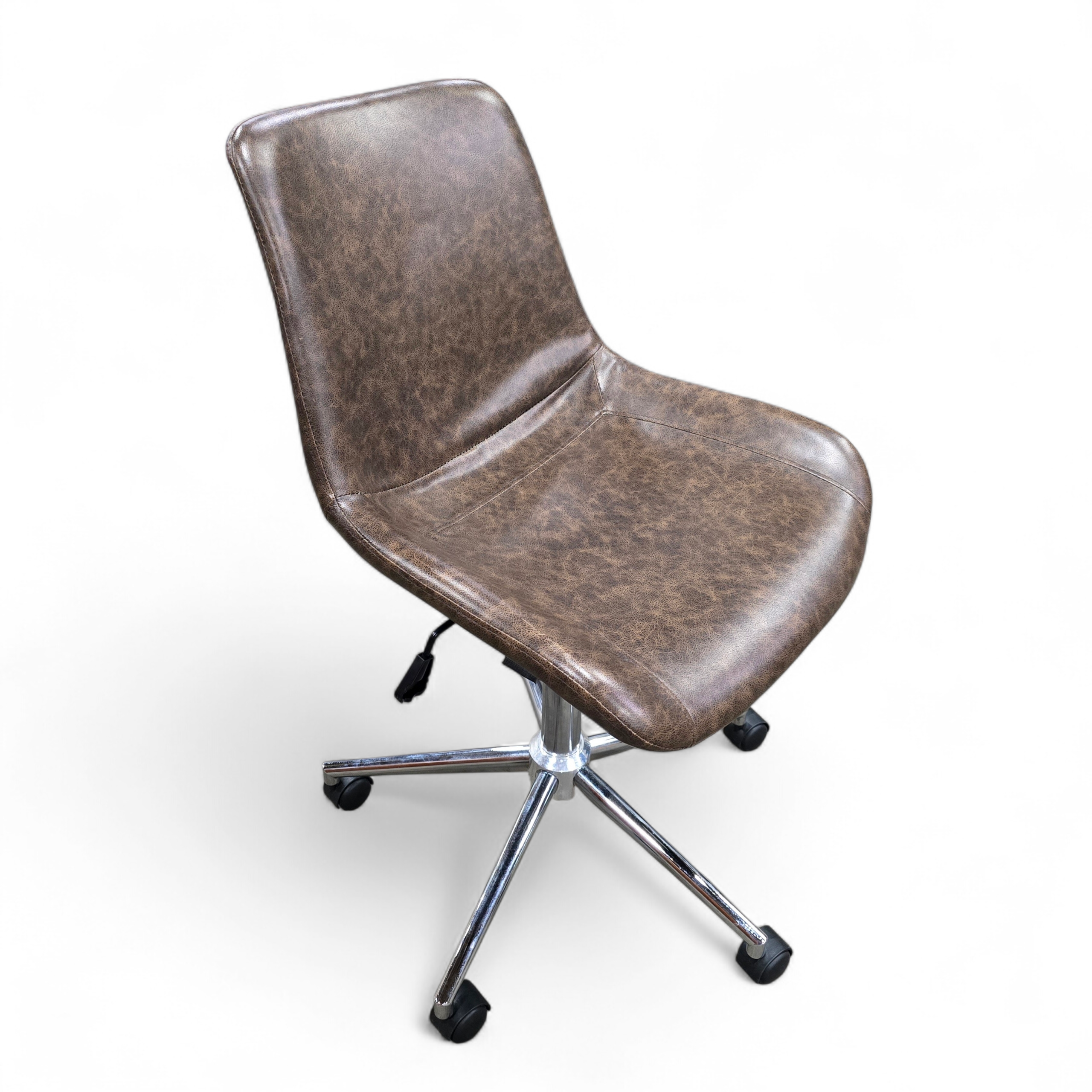 SHL side view of leather rolling desk chair with 360 swivel, used and in good condition