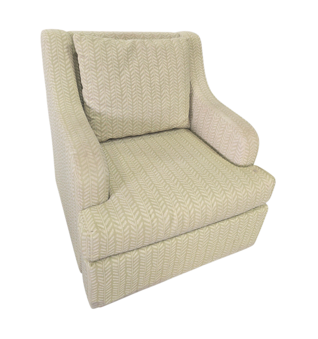 Light green accent chair with herringbone pattern measuring 29 x 29.5, used and in good condition