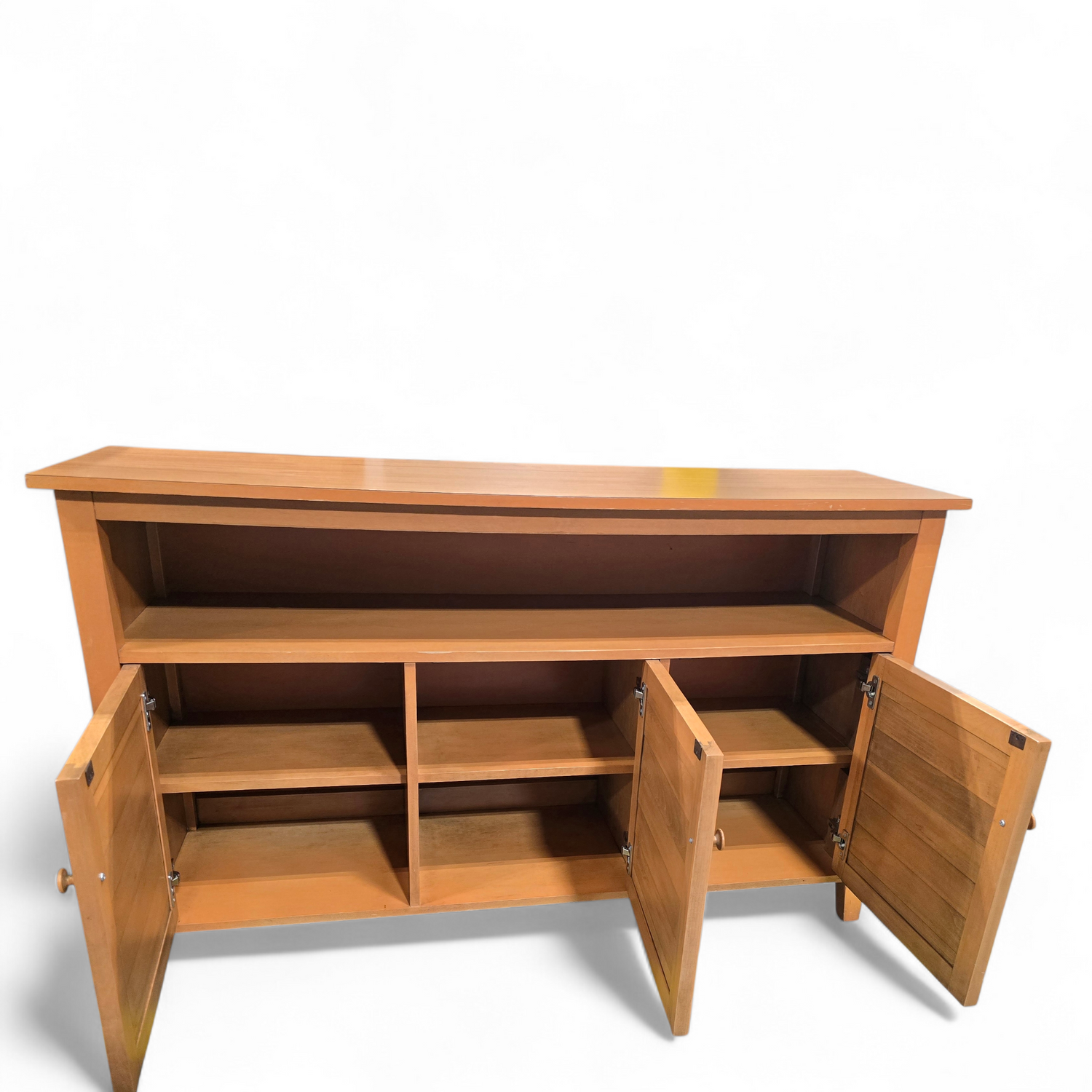 SHL open cabinet view of light wood TV stand showing interior shelving, used and in very good condition