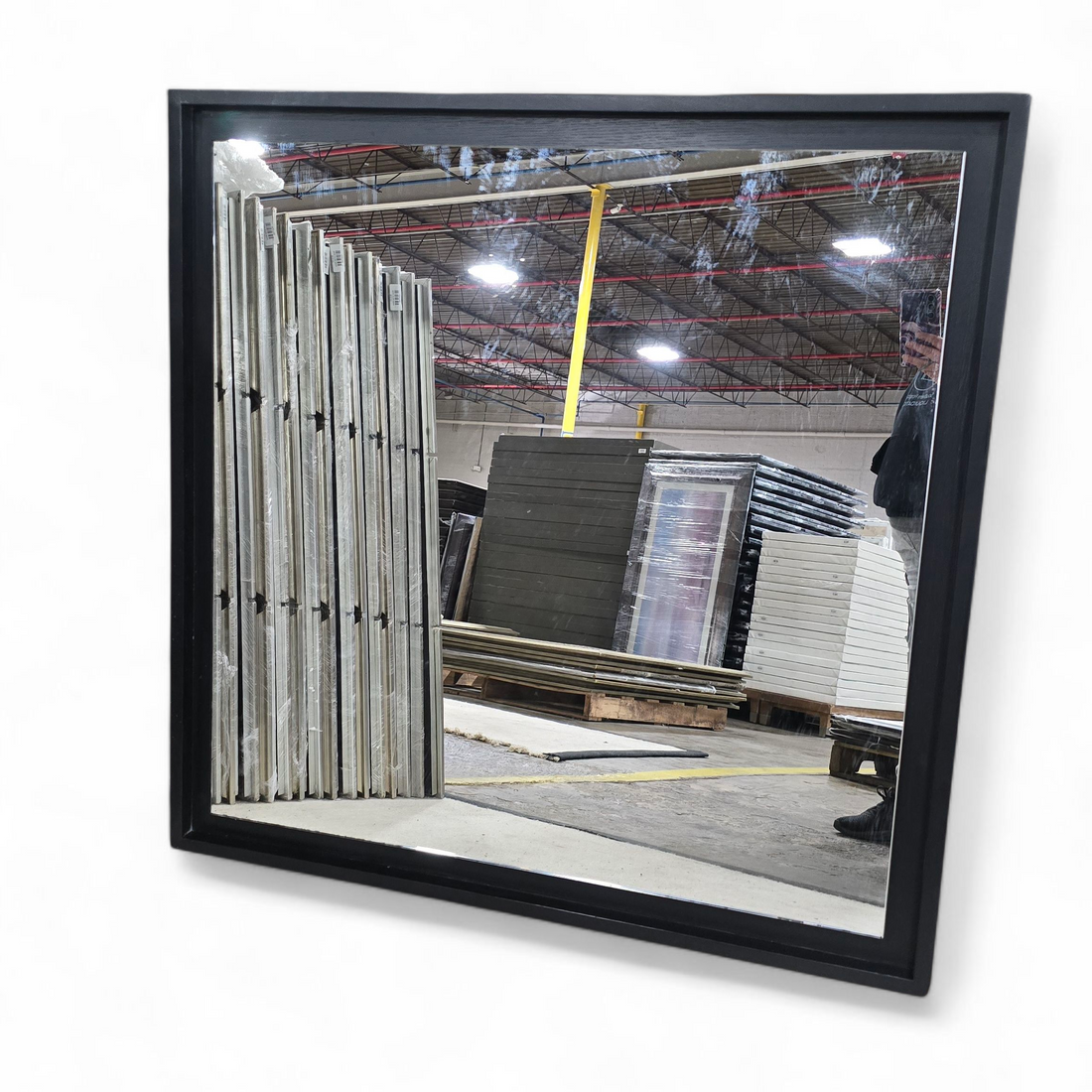 Mark David 40 x 40 black wood frame wall mirror front view, used and in good condition, quality used resort furniture.