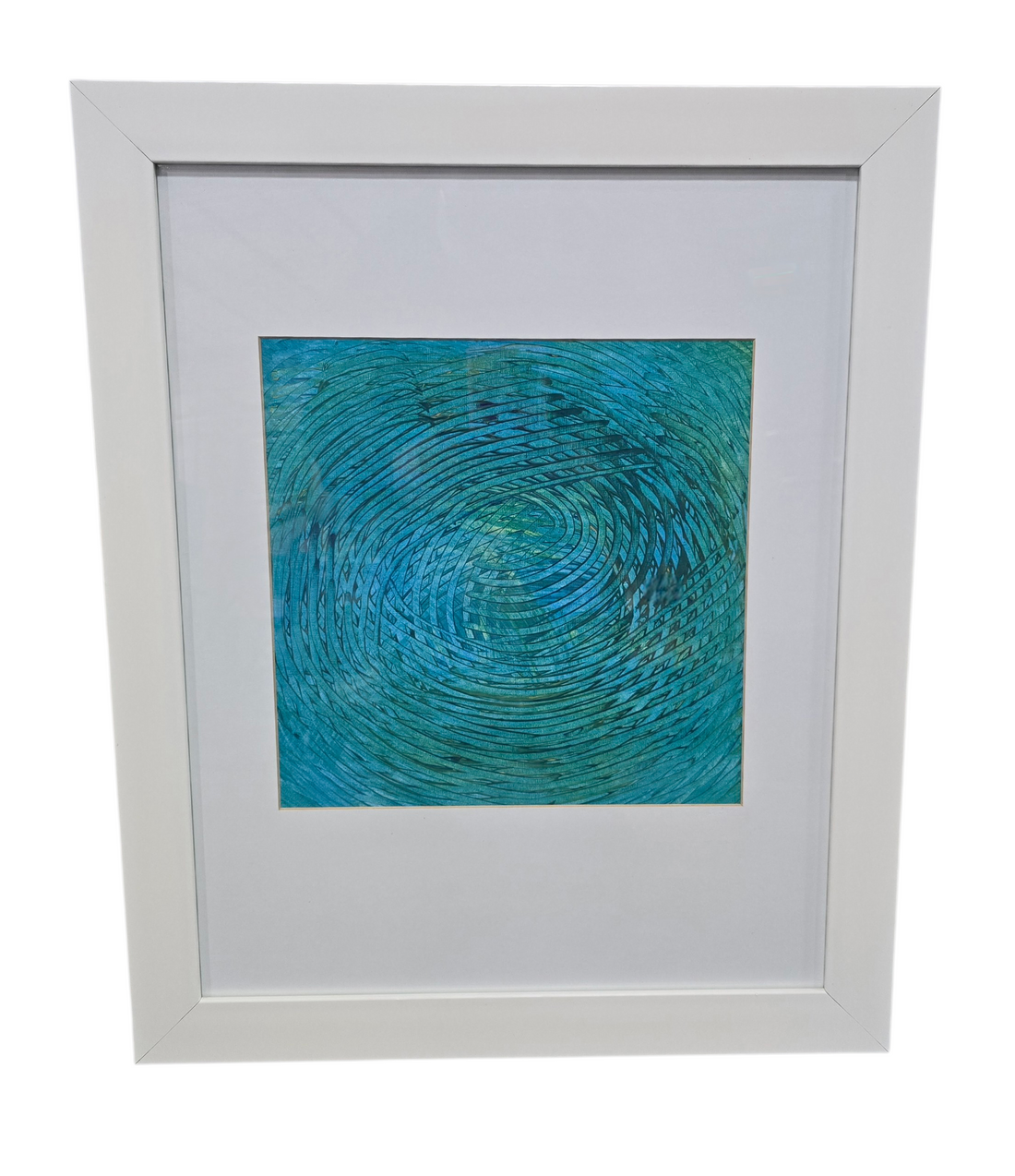 Matted wall art in white frame measuring 17.5 x 21.5, used and in good condition