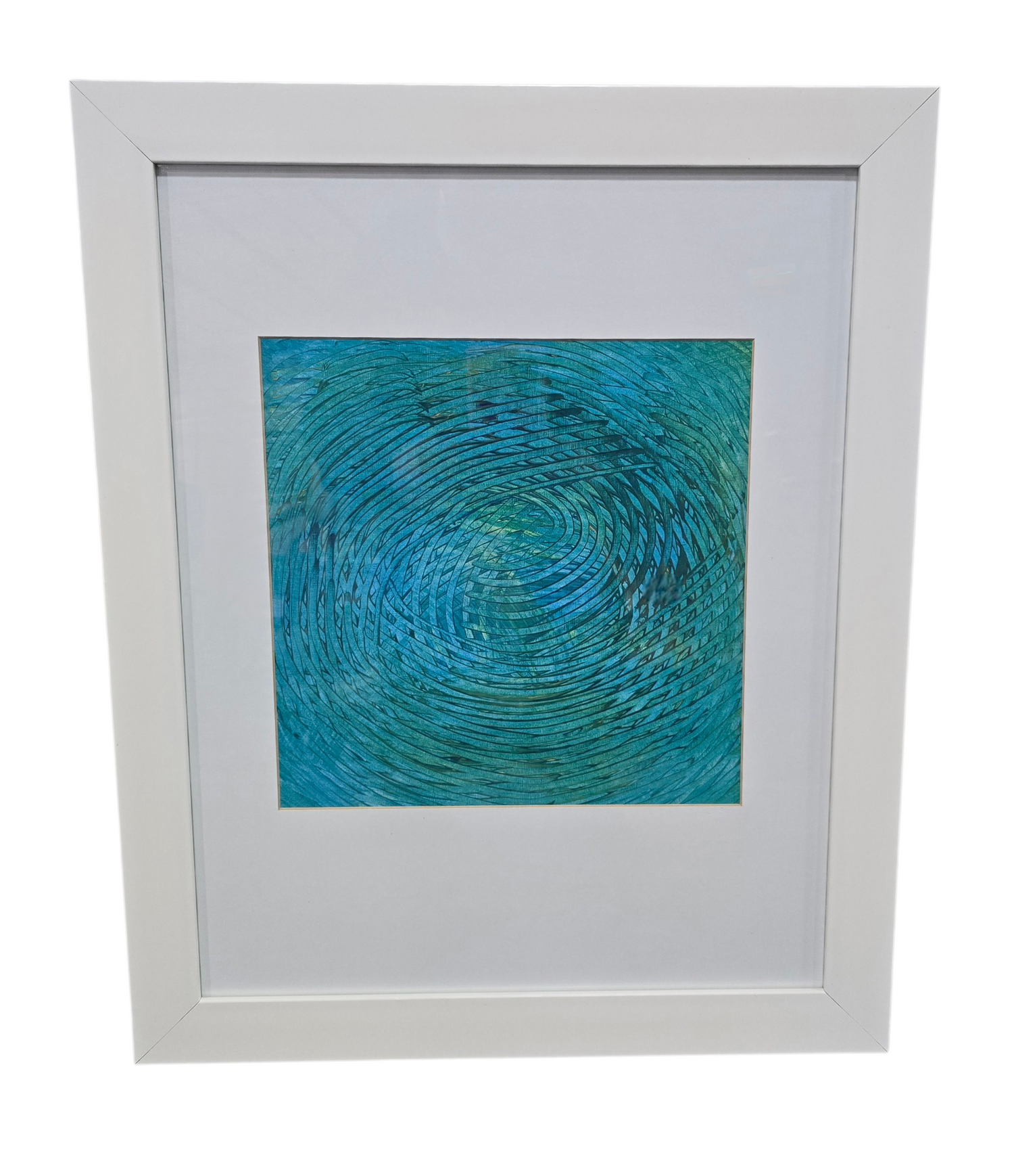 Matted wall art in white frame measuring 17.5 x 21.5, used and in good condition