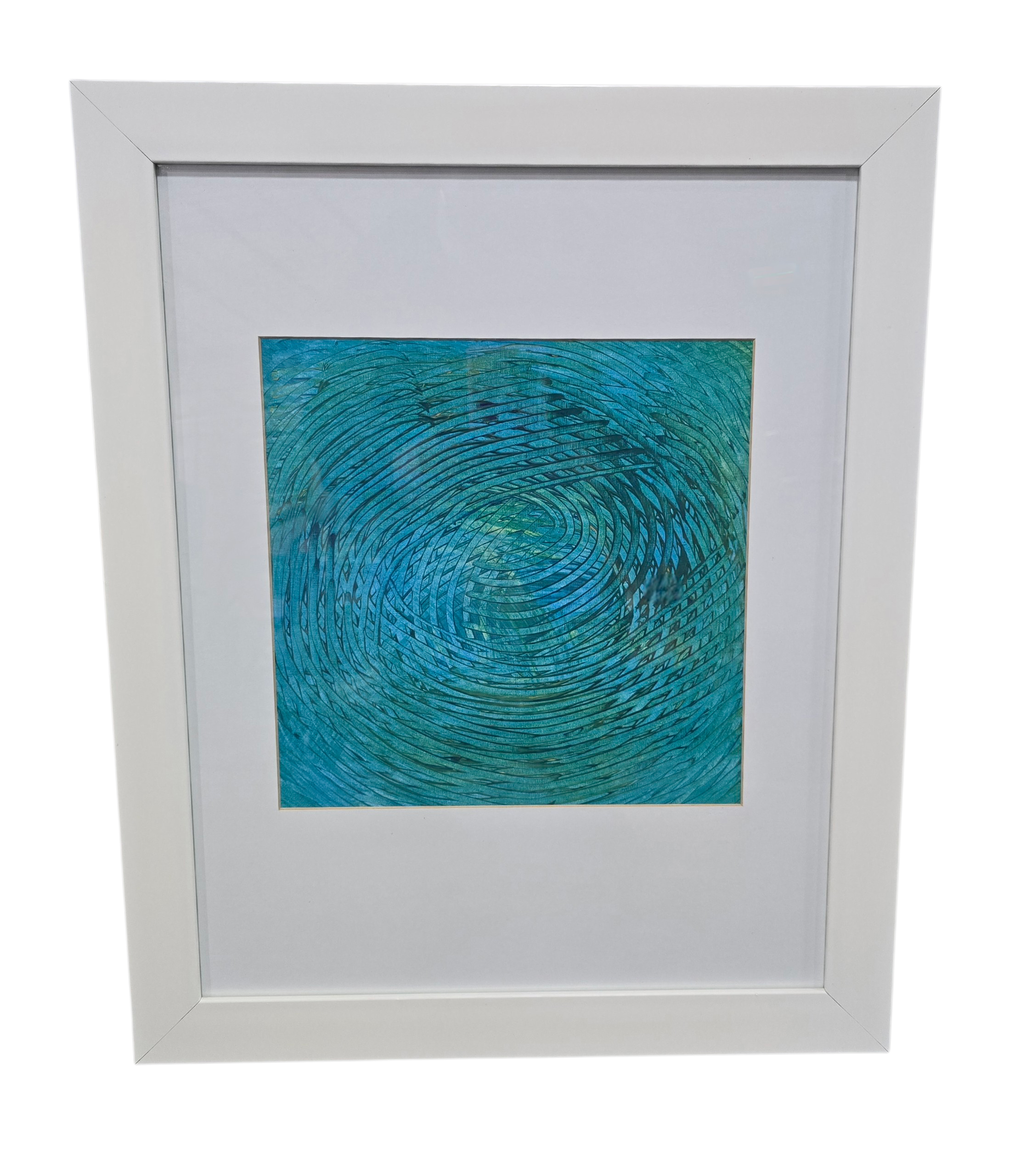 Matted wall art in white frame measuring 17.5 x 21.5, used and in good condition