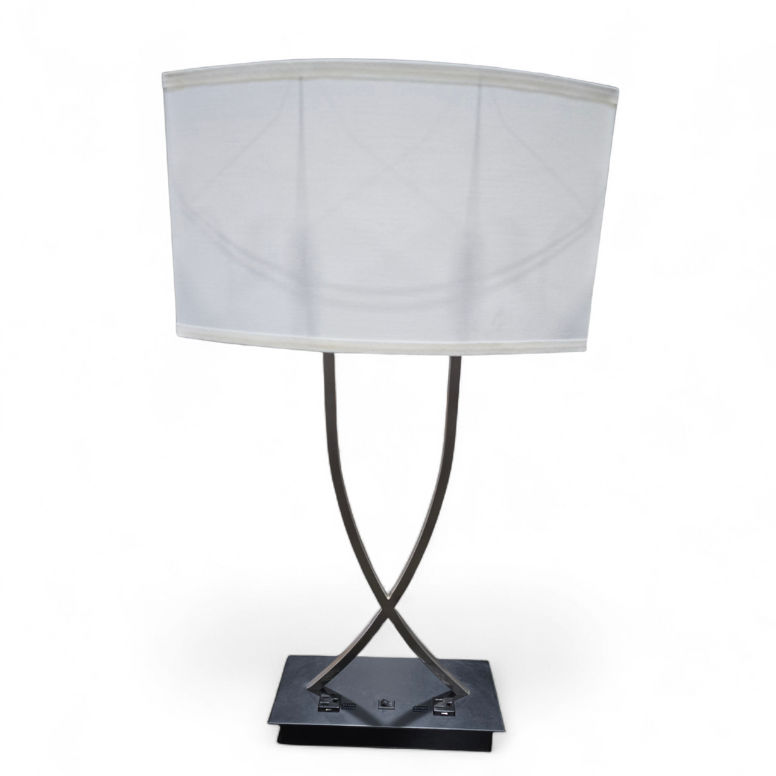 SHL front view of metal criss-cross table lamp with built-in power outlets, used and in good condition