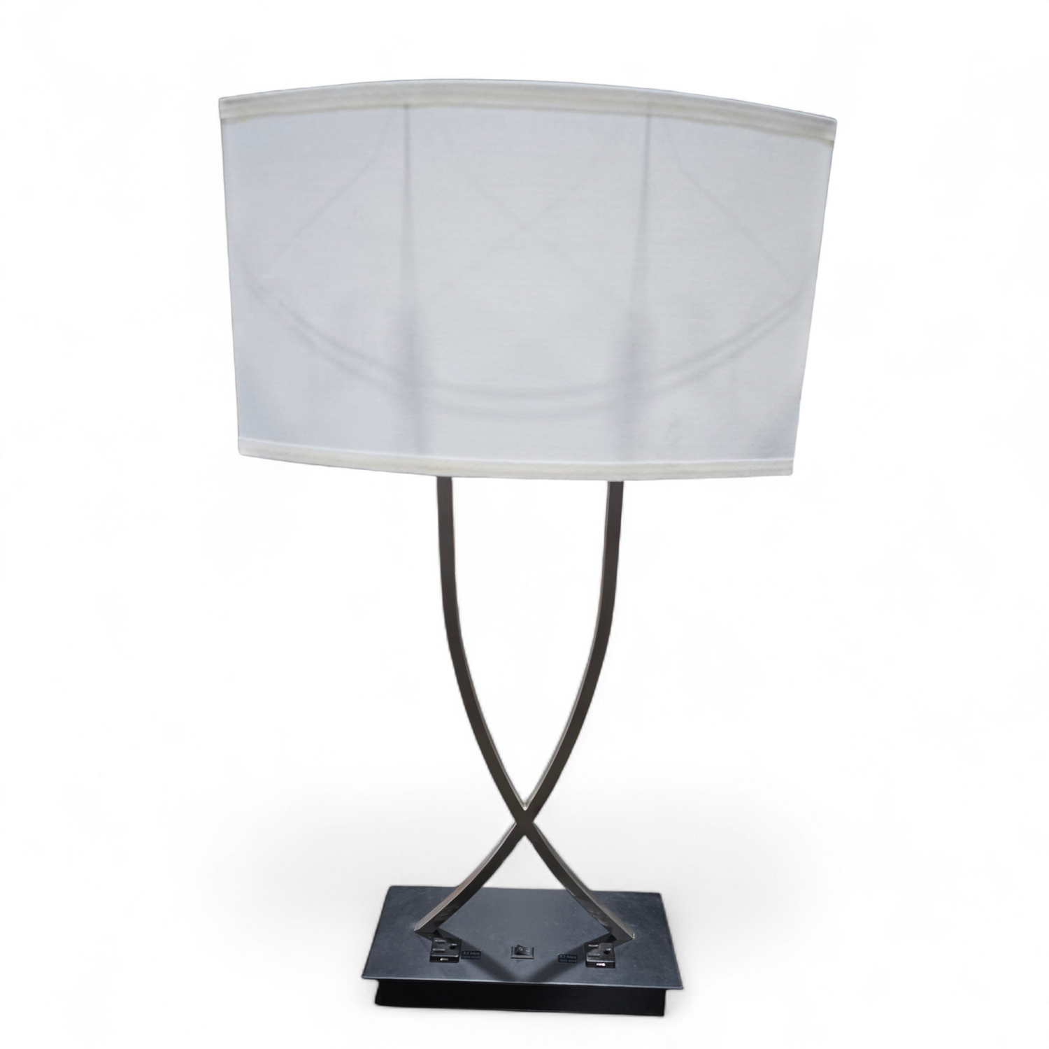 SHL front view of metal criss-cross table lamp with built-in power outlets, used and in good condition