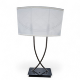 SHL front view of metal criss-cross table lamp with built-in power outlets, used and in good condition