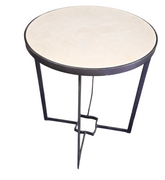 Modern accent table with cream granite top and dark metal base measuring 18 inch diameter by 22 inch tall, used and in good condition
