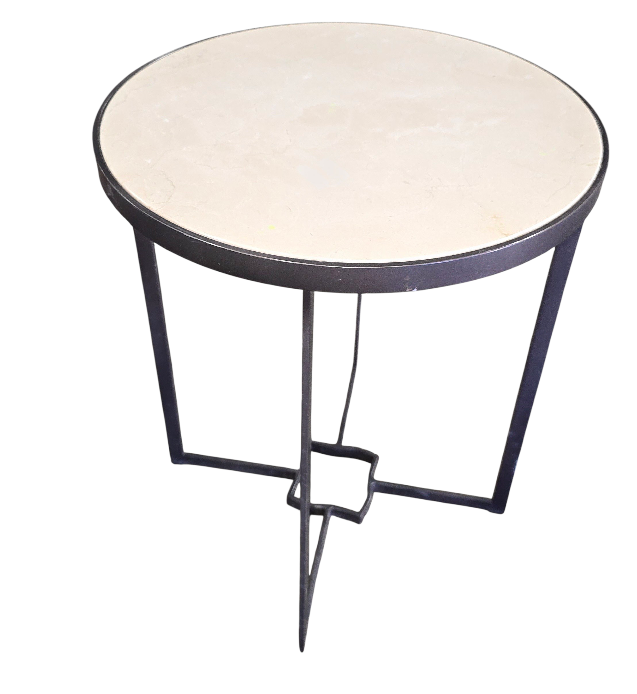 Modern accent table with cream granite top and dark metal base measuring 18 inch diameter by 22 inch tall, used and in good condition