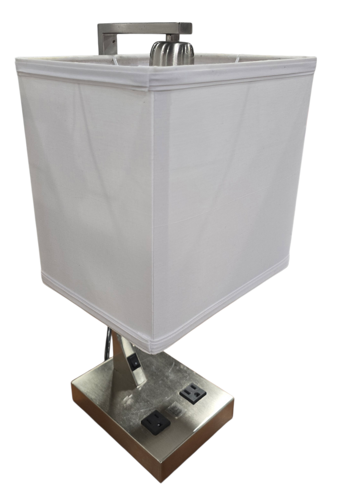 Modern brushed nickel table lamp with white rectangular shade and USB ports