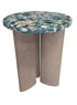 Modern terrazzo accent table with colorful stone composite top and natural wood pedestal base measuring 21 inches round