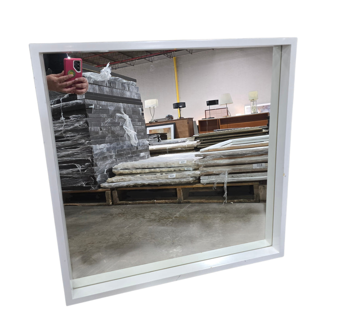Modern white framed square wall mirror measuring 28 x 28 x 2 inches