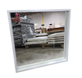Modern white framed square wall mirror measuring 28 x 28 x 2 inches
