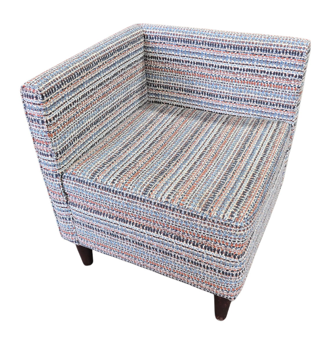 SHL front view of multi-colored fabric corner accent chair, used and in great condition