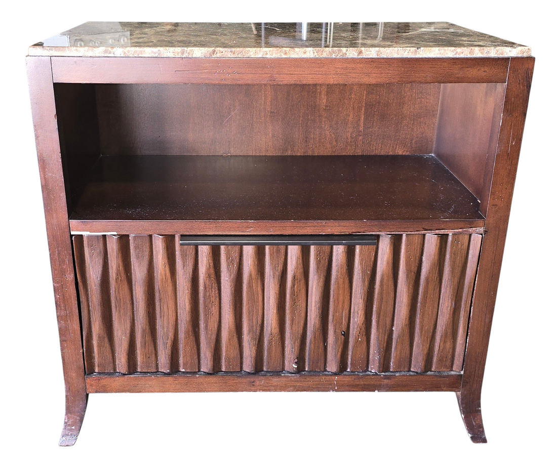 Front view of nightstand with granite surface and storage shelf