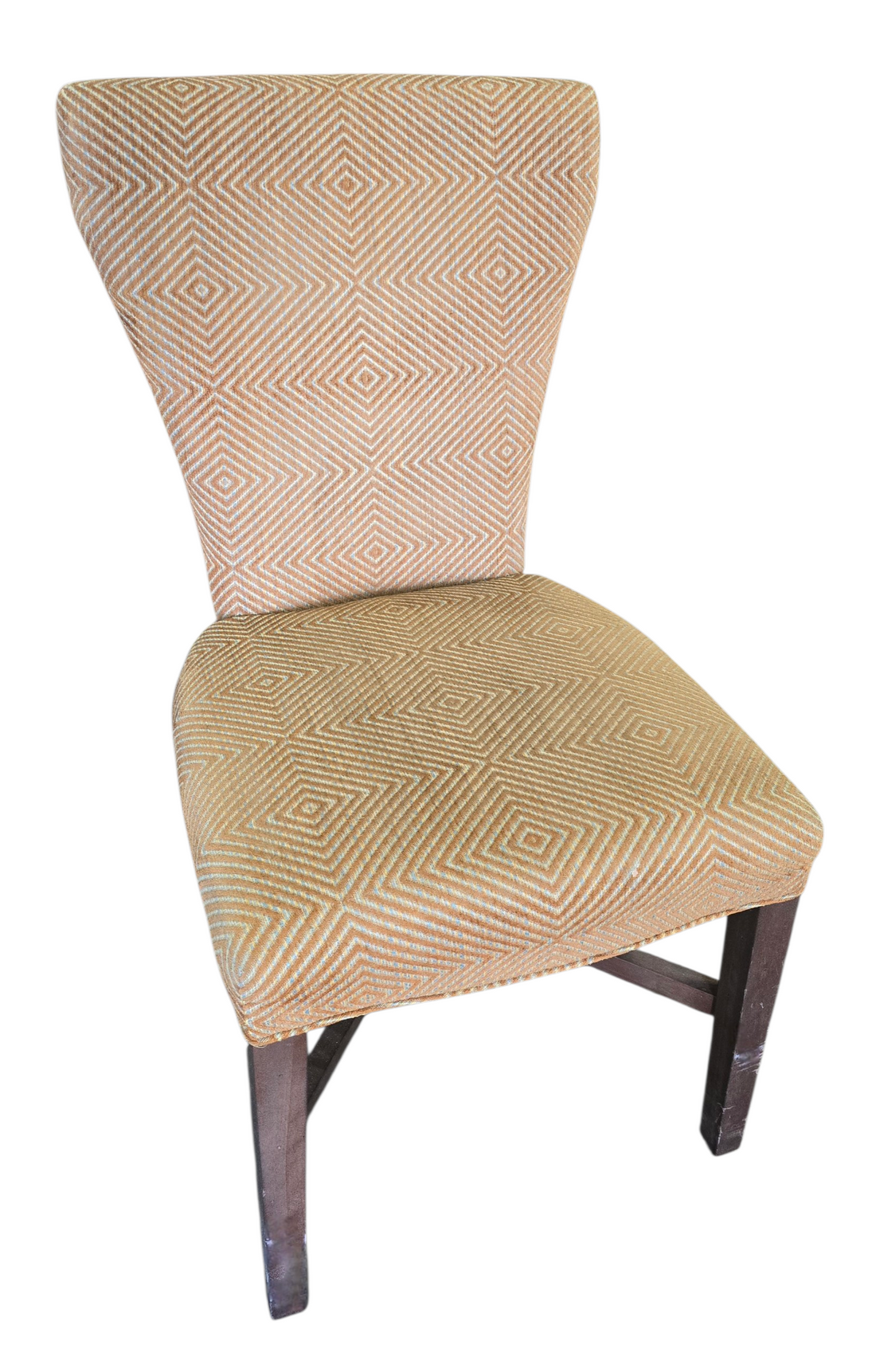 High back dining chair in orange and gold upholstery measuring 19.5 x 21, used and in good condition