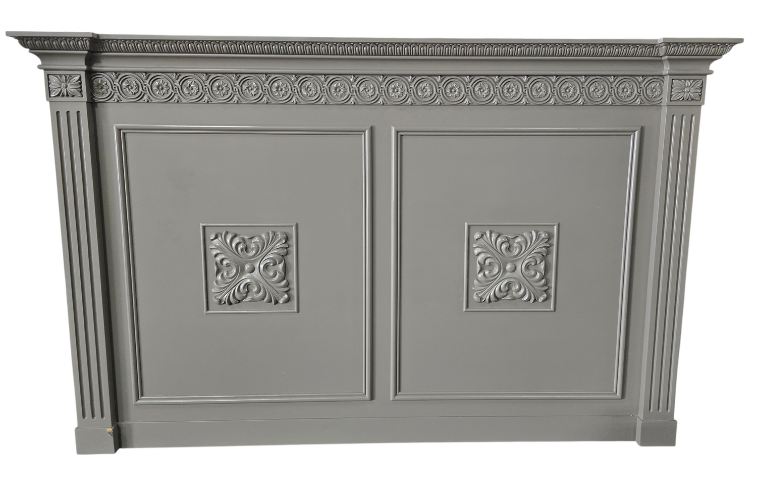 Ornate carved wood headboard painted gray measuring 70 x 44.5 x 6, wall mount only, used and in good condition