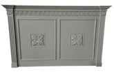 Ornate carved wood headboard painted gray measuring 70 x 44.5 x 6, wall mount only, used and in good condition