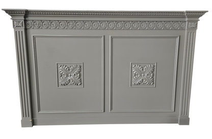 Ornate carved wood headboard painted gray measuring 70 x 44.5 x 6, wall mount only, used and in good condition