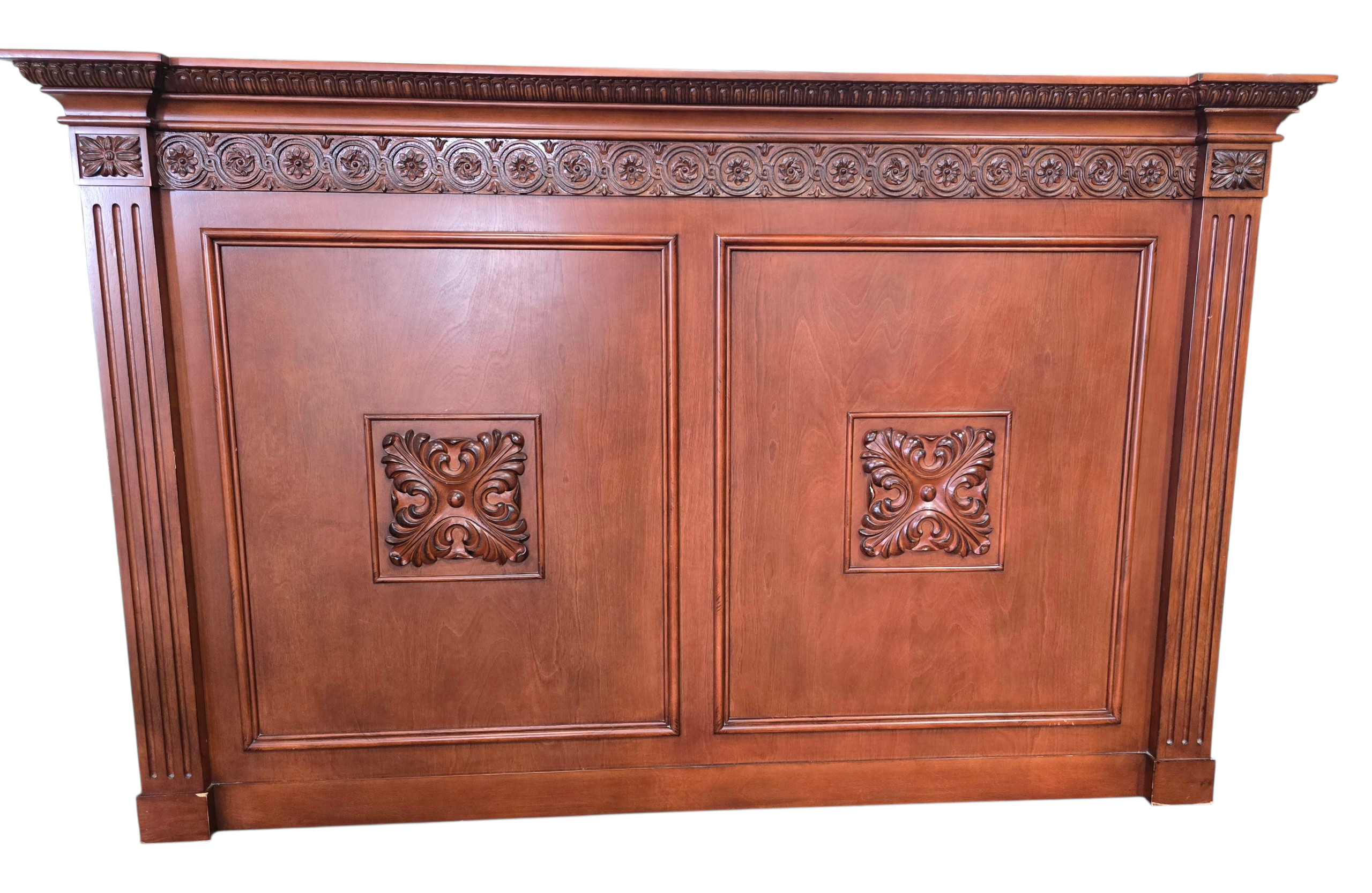 Ornate carved wood Renaissance style headboard measuring 70 x 44.5 x 6, used and in good condition