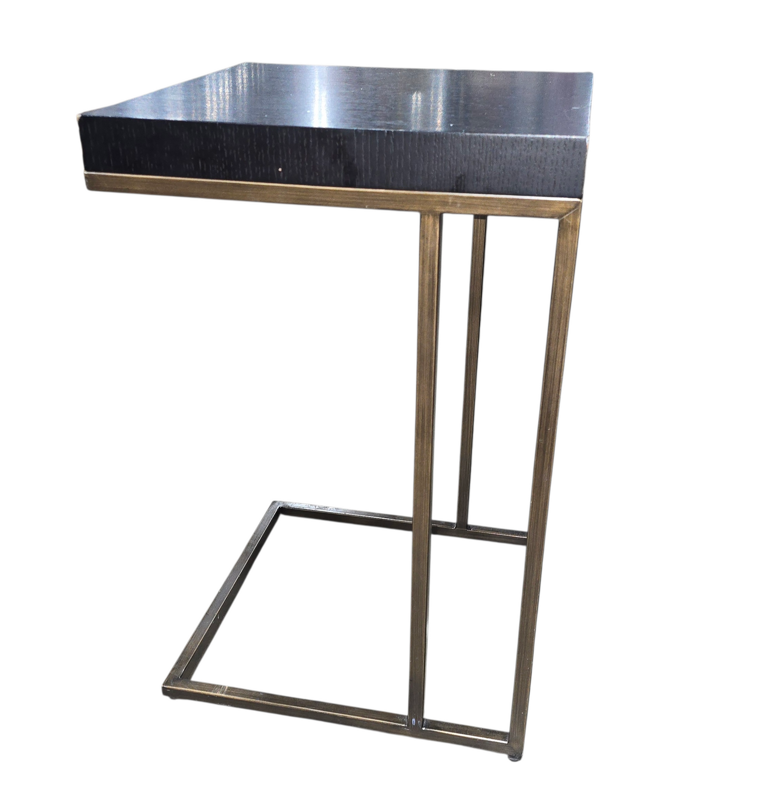 Over-arm sofa table with metal legs and dark brown top, used and in good condition