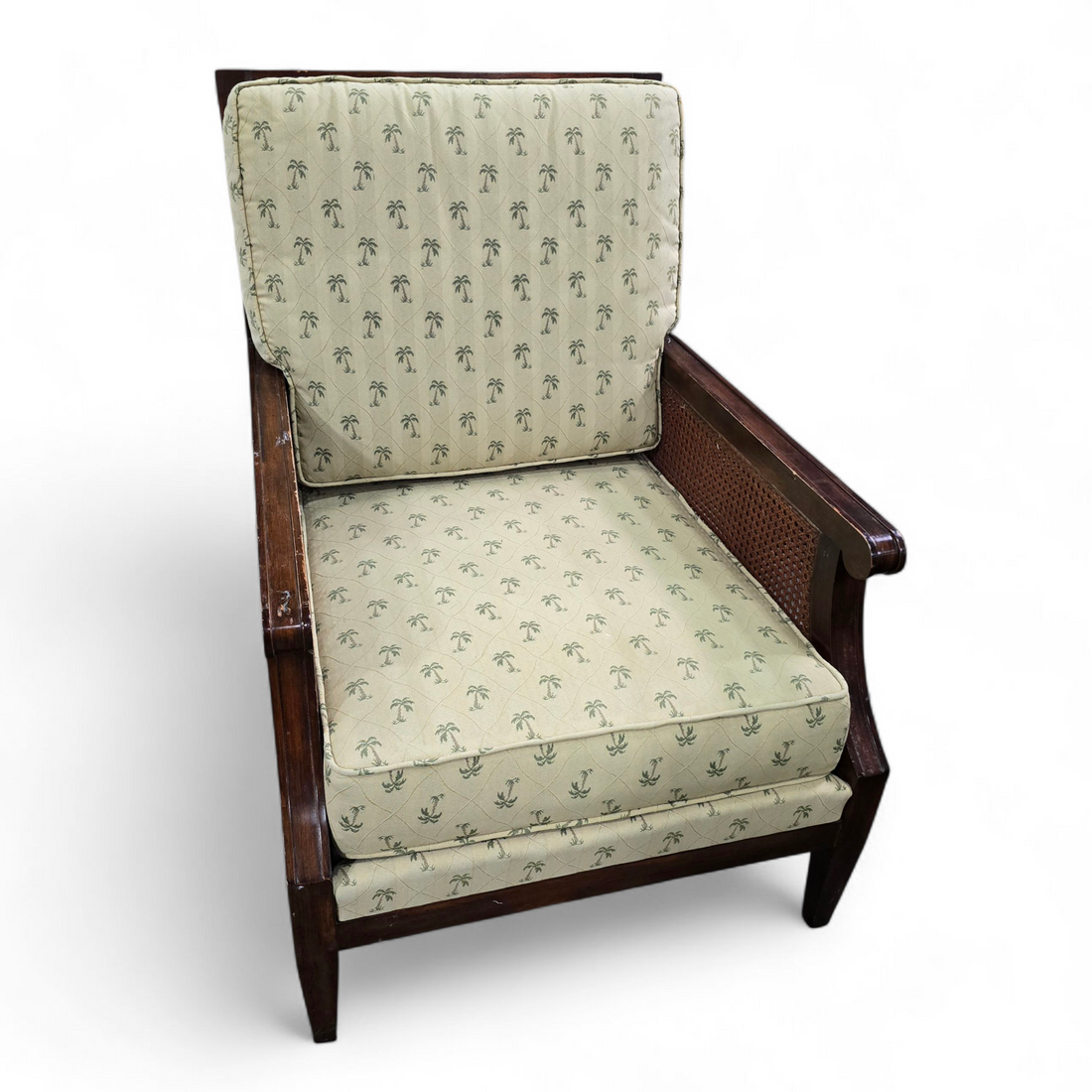 SHL rattan armchair with cane back and palm tree upholstery front view, used and in good condition