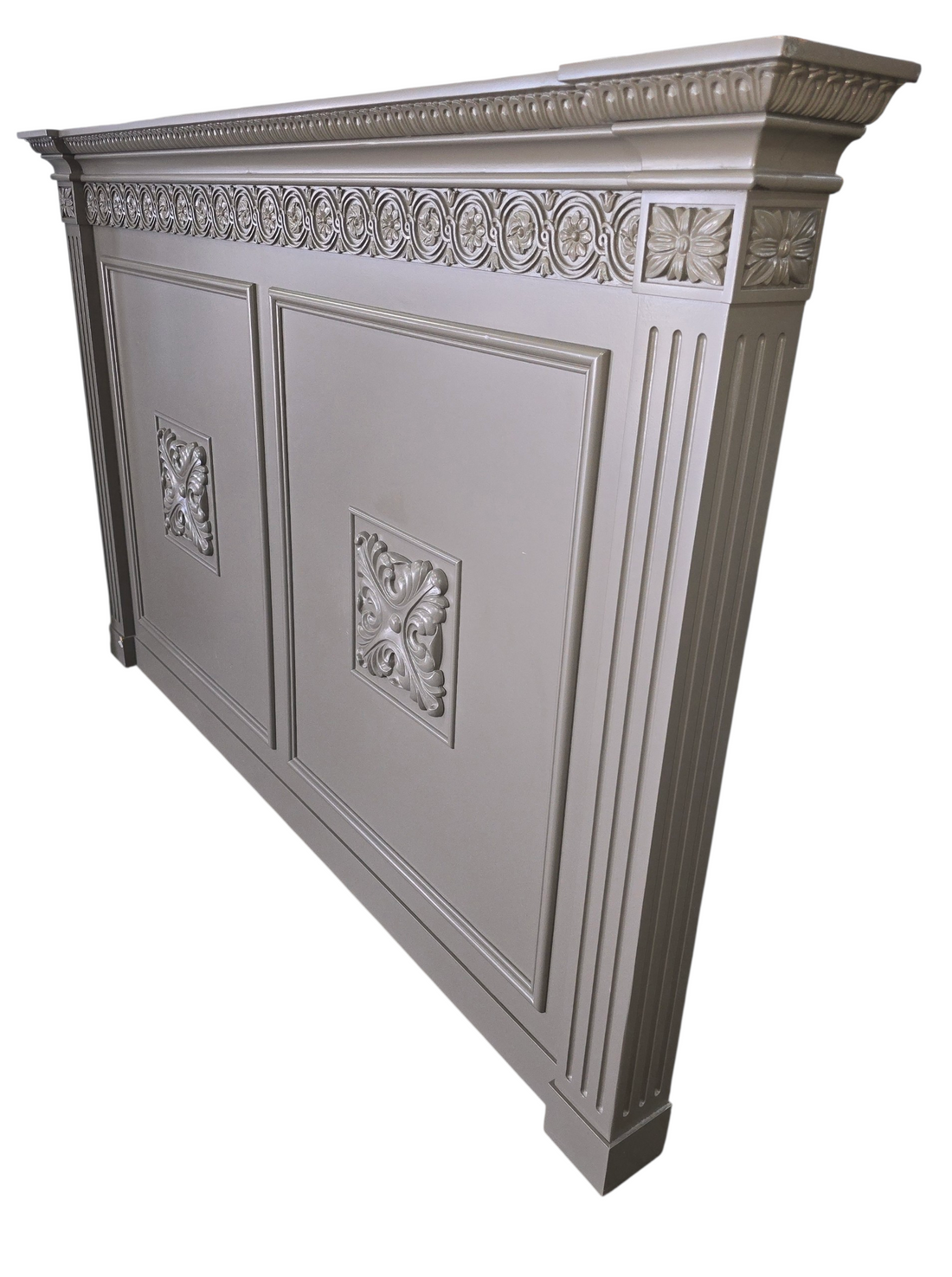 Side angle view of Renaissance style gray headboard