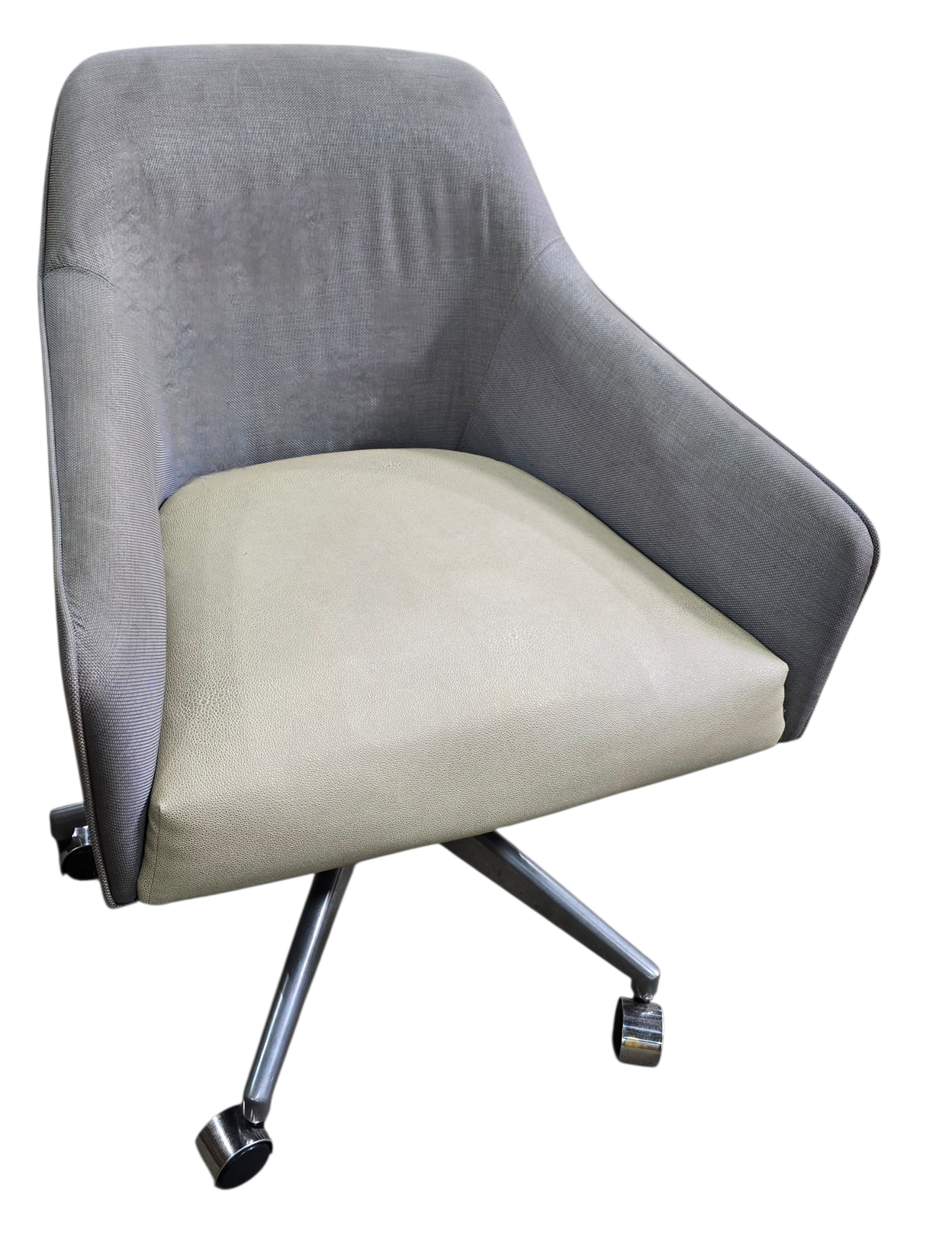 Rolling desk chair with gray fabric back and tan upholstered seat, used and in good condition
