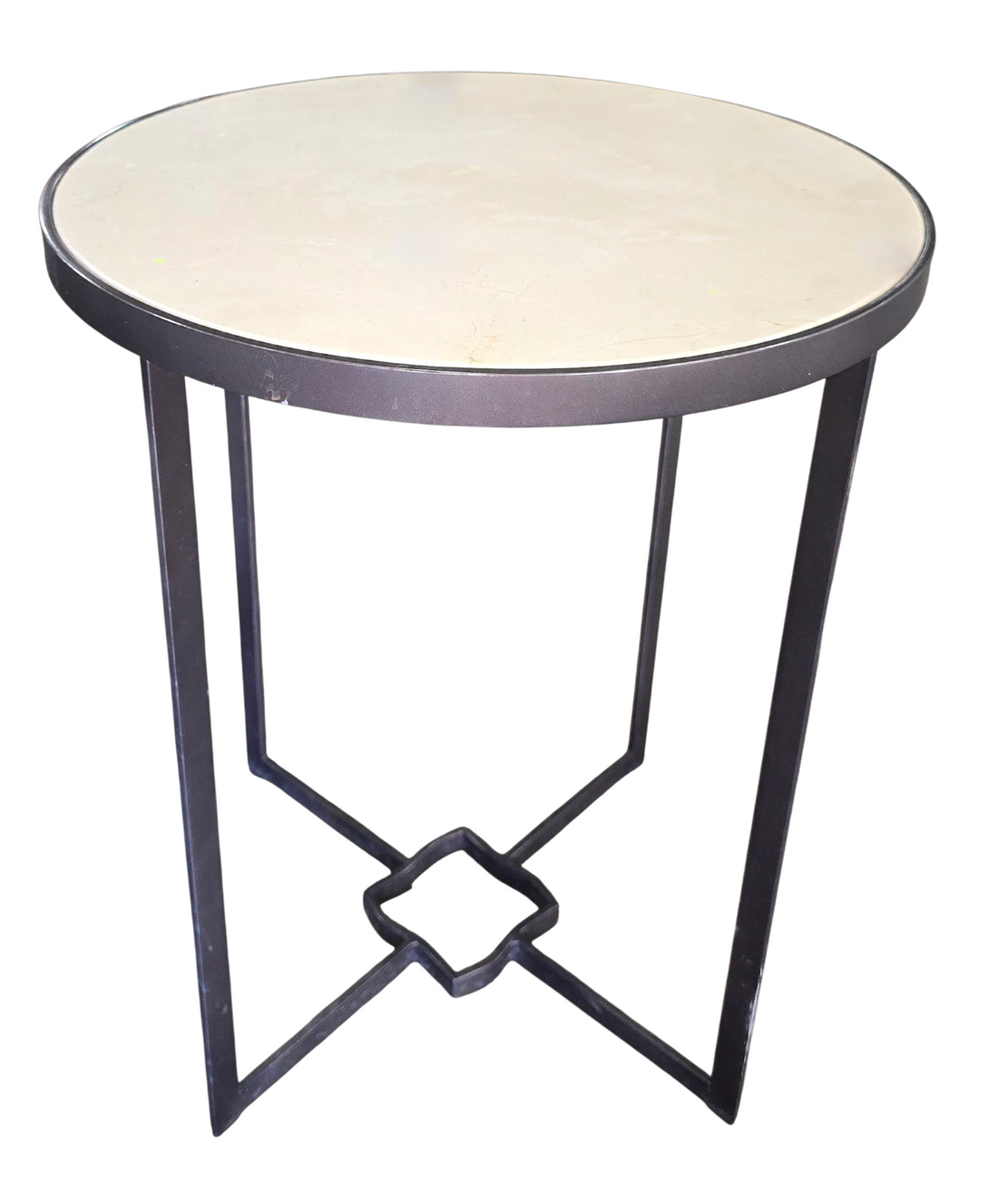 Front view of round accent table with cream granite surface