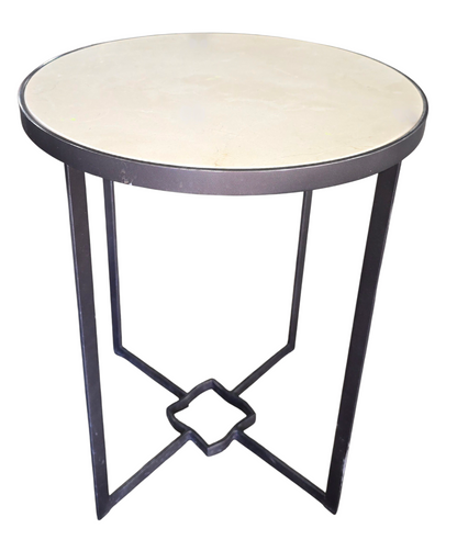 Front view of round accent table with cream granite surface